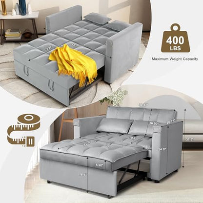 Convertible Sofa Bed,3-in-1 Multi-Functional Velvet Sleeper Couch Pull-Out 48'' Loveseat Bed Chaise Lounge with Adjustable Backrest and Pillows,Hidden Side Table for Living Room,Small Space Grey - color: 3-in-1 Grey Velvet 2 Seater