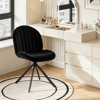 Velvet Swivel Office Chair No Wheels, Small Comfy Mid Century Armless Desk Chair, Cute Swivel Vanity Chair No Wheels for Small Spaces, Bedroom,Living Room,Home Office, Black - color: Black-velvet