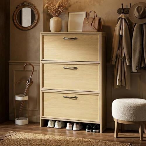 Garvee 3 Flip Drawers Shoe Cabinet with Adjustable Shelf & Anti-Tipping Kit | 3 Flip Drawers with Adjustable Shelf, Bottom Shelf for Shoes, Embossed Black, Hallway/Entryway Shoe Cabinet - color: Light Wood, size: 3 Drawers