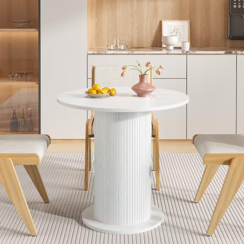31.5 inch Round Dining Table for 2, Modern Farmhouse Kitchen Table | Small Circle Dining Tables with Wood Strip Base for Kitchen Living Room - color: White
