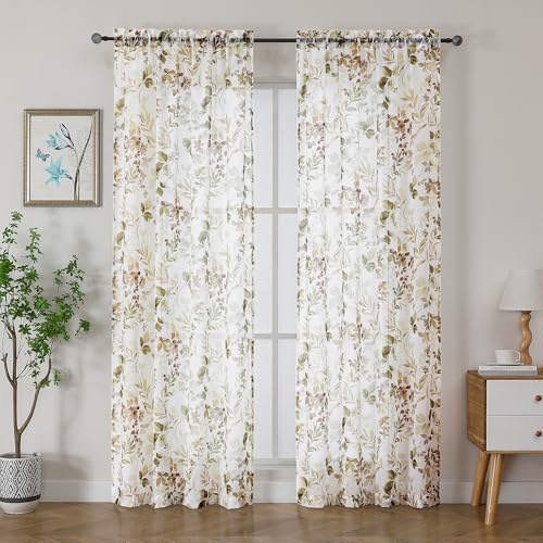 Crushed Sheer Curtains, 84 Inches Long, 2 Panels Set, Floral Printed Drapes for Living Room, Rod Pocket, Light Filtering Farmhouse Window Sheers (2 Panels, 42" x 84") - color: Brown/Multi, size: 42"W x 84"L (Pack of 2)