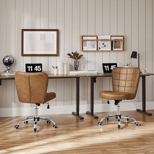 Yaheetech Retro Brown Tufted Armless Desk Chair with Wheels, Faux Leather | Thick foam cushioned seat tilts back to relax, lifts 18-22 in, spins 360 degrees, holds 300 lb, and assembles with ease. - color: Retro Brown