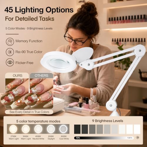 knitly Magnifying Glass with Light, 15X Optical Glass Lamp for Close Work, 5 Color Modes, 9 Brightness Levels, Hands-Free Desk Clamp for Jewelry, Crafts, Soldering, Reading, Nail Detail, Snow White