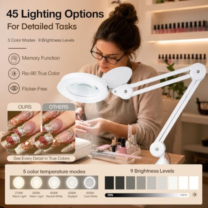 knitly Magnifying Glass with Light, 15X Optical Glass Lamp for Close Work, 5 Color Modes, 9 Brightness Levels, Hands-Free Desk Clamp for Jewelry, Crafts, Soldering, Reading, Nail Detail, Snow White