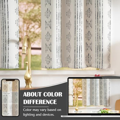 jinchan Boho Blackout Kitchen Tier Curtains, 36 Inch, Black on Beige | Black geometric print on warm beige, soft blackout backing, 2 panels, rod pocket, for kitchens, bedrooms, RVs and campers - color: Blackout Backing | Black on Beige, size: 25"W x 36"L