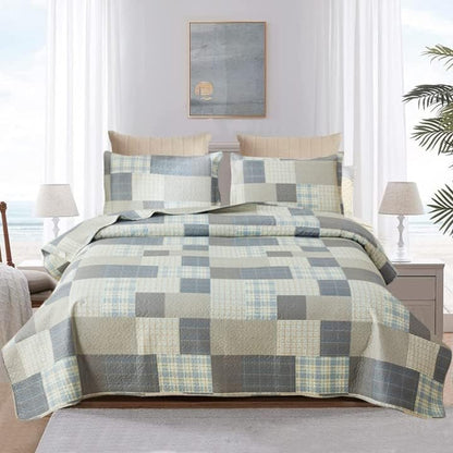 Ycosy Quilt Set Queen Size Bedspread Coverlet Plaid Patchwork Bedding Modern Mens Quilts Soft Lightweight Quilt Yellow Grey Plaid Coverlet Reversible Quilt Bedspread Home Bedding Collection - color: Soot Yellow, size: Full/Queen