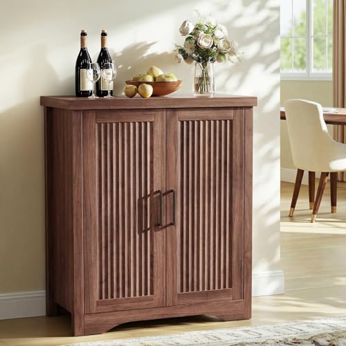 Fluted Sideboard Buffet Cabinet with Storage 29.84",Walnut | Sideboard Cabinet Modern Credenza with Doors & Adjustable Shelves Modular Coffee Bar Media Console for Dining Room Entryway - color: Walnut05, size: 1 Piece