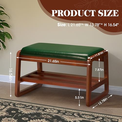Solid Wood Shoe Rack, Entryway Shoe Bench with Cushion, 2 Tier Shoes Organizer for Entryway, Hallway, Living Room-(Green,21.65"-S) - color: Green, size: 21.65" length