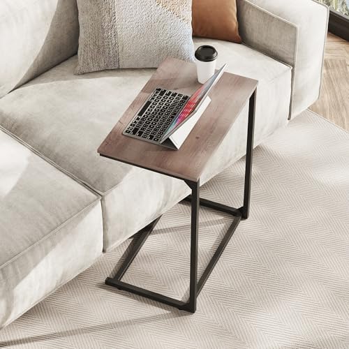 WLIVE C-Shaped End Table, Small Side Tables for Sofa, Wide Couch Table That Slide Under, Laptop Snack Table for Living Room, Bedroom, Home Office, Grey - color: Greige