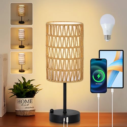 Touch Table Lamp For Bedroom with Bulb, Boho Small Desk Lamp For Living Room With Rattan & Linen Shade, 3 Way Dimmable Bedside Table Lamp For Nightstand With USB Charging Port & Phone Stand For Office - color: Black
