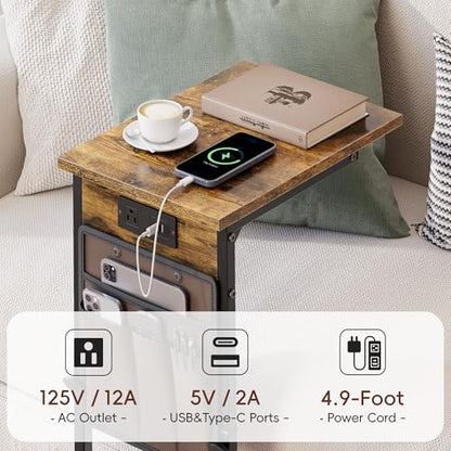 C-Shaped End Tables Set of 2 with Charging Station, 33'' Tall C Table Adjustable Height Side Table, Sofa Table for Couch, Couch Table that Slide Under Sofa, TV Trays for Living Room, Brown - color: 2pc Rustic Brown, style: With Plug
