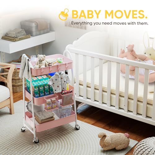 Sekey 3 Tier Rolling Cart, Hanging Cups, Hooks, Heavy Duty Mesh Rolling Storage Cart Organizer with 2 Lockable Wheels for Bathroom, Kitchen, Office, Craft, Makeup, Baby Essentials, Pink - color: Pink