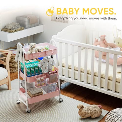 Sekey 3 Tier Rolling Cart, Hanging Cups, Hooks, Heavy Duty Mesh Rolling Storage Cart Organizer with 2 Lockable Wheels for Bathroom, Kitchen, Office, Craft, Makeup, Baby Essentials, Pink - color: Pink