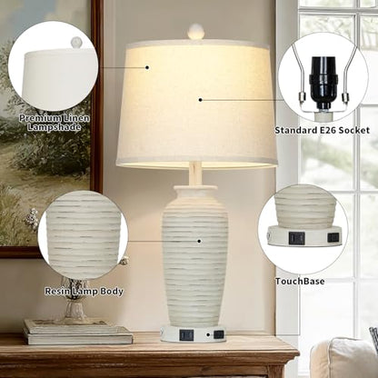 CINSARY 25" Retro White Farmhouse Jar Table Lamps Set of 2, 3 Way Touch Control Rustic Bedside Lamps with USB A+C Ports & AC Outlet, Pot Nightstand Lamps for Bedroom Living Room (LED Bulbs Included) - color: Retro White