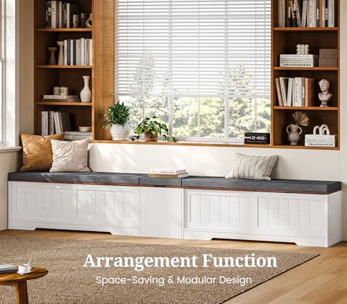 Farmhouse L Shaped Corner Shoe Storage Bench with Cushion Entryway Shoe Rack with Slide Barn Doors, Adjustable Shelf and 1 Cabinet for Entryway Dining Room, Kitchen, Bedroom (White-Brown)