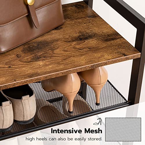 HOOBRO Hall Tree with Bench, Coat Rack with Shoe Storage, Shoe and Coat Rack, 5-Tier Entryway Shoe Storage, 5 Hooks, for 12-16 Pairs, Industrial, Hallway, Foyer, Mudroom, Rustic Brown BF74MT01