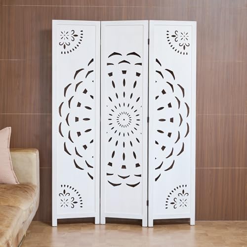 66.9Inch Wooden Room Partition - 3 Panels Boho-Styled Space Room Divider for Home/Office, Headboard & Yoga/Photo/Video Call Backdrop (White) - color: White, size: 3 Panels