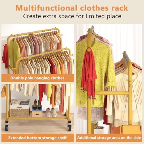 Laiensia Double Rods Garment Rack with Wheels, Clothing Rack for Hanging Clothes,4 Hooks, Multi-functional Bedroom Clothes Rack, Gold - color: Gold