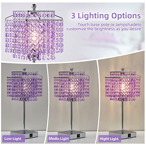 Luvkczc Purple Bedside Crystal Table Lamp Set of 2, Touch Control Lamps,Dimmable Lamp with Crystal Shade for Bedroom, Girl Living Room, 6W B11 Bulb Included - color: Purple, 2 Pack
