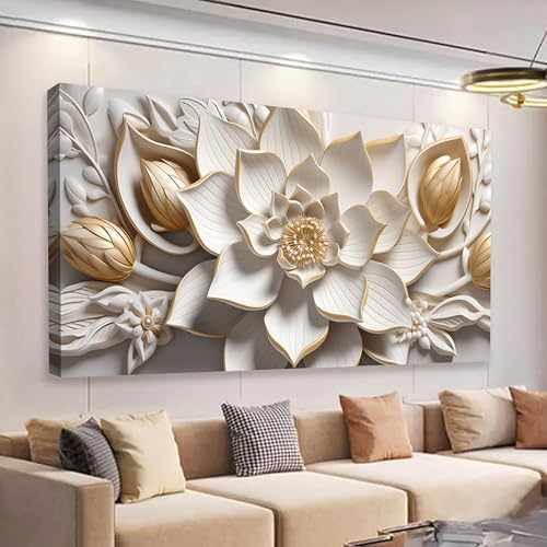 SSNEEKNDG Flower Wall Art White and Gold Botanical Canvas Artwork 24"x48" | Modern Artwork,Minimalist,Canvas Prints,For Living Room Bedroom Office - size: 24"L x 48"W