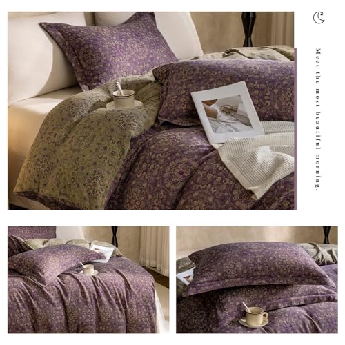 VM VOUGEMARKET Purple Green Duvet Cover Queen,3 Pieces Retro Boho Medallion Jacquard Flower Bedding Set,Linen Cotton Yarn-Dyed Textured Duvet Cover with Zipper Closure - color: 01- Jacquard - Purple Green, size: Queen