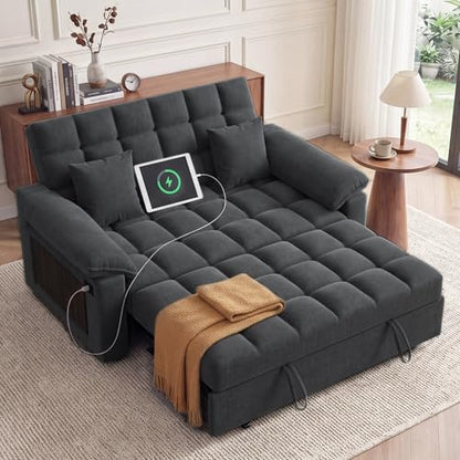 Vipbear Sleeper Sofa Bed, 70" Pull Out Futon Couch with Small Table| USB Port | Side Pockets | Tool-Free Assembly | Adjustable Backrest for Apartment, Office, Guest Room, Chenille Black - color: Black