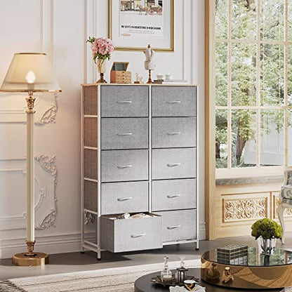 WLIVE Tall Dresser for Bedroom with 10 Fabric Drawers, Light Grey | 10 Drawers, Fabric Dresser for Closet, Storage Tower with Cabinet, Metal Frame - color: Light Grey
