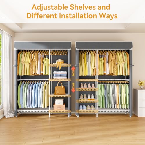 F2C Clothes Rack with Cover, White Closet with Gray Cover | Clothing Racks for Hanging Clothes, Heavy Duty Garment Rack with Shelves, 47.2"W x 16.5"D x 78.3"H, Load 630lbs - color: White Closet with Gray Cover