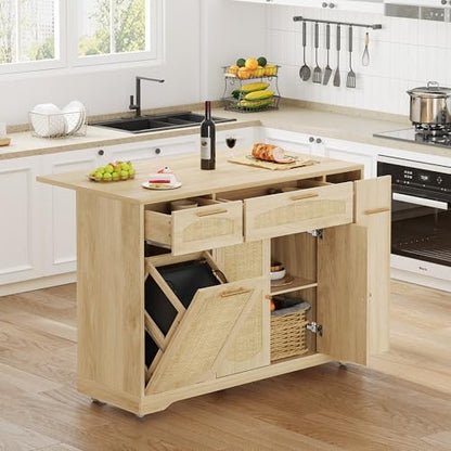 Garvee Rolling Kitchen Island Table on Wheels with Drop Leaf, Tilt Out Trash Can Cabinet, Storage Cabinet, Drawer, Spice Rack, Kitchen Cart, 53.1" Wide, Natural - color: Natural