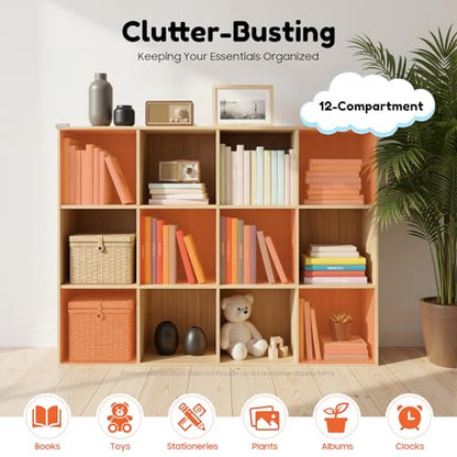 12 Cube Storage Organizer - Solid Wood Bookshelf - Cube Shelf - Vertical or Horizontal Bookcase - Open Book Shelf - Easy Assembly for Bedroom, Living Room, Office - size: 12 Cubes