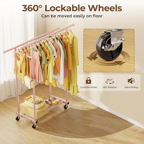 HYSEYY Double Rods Clothes Rack, Sturdy Rolling Clothing Rack, Portable Clothing Racks for Hanging Clothes - Metal Garment Rack Wardrobe Coat Rack for Bedroom Laundry Living Room, Pink - color: Pink