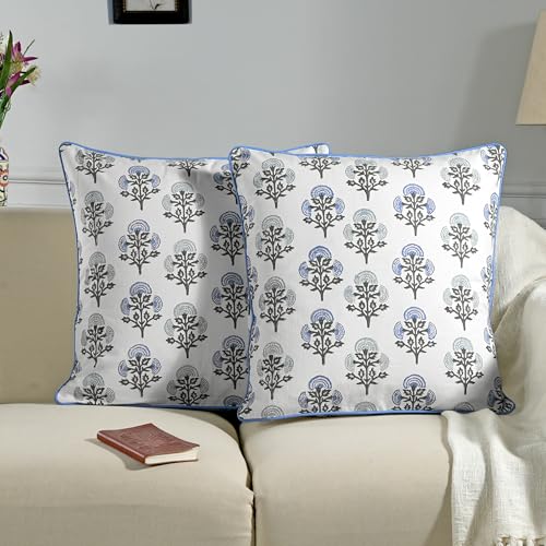 Block Print Mughal Buta Blue Pillow Cover 16" x 16" (Pack of 2) Decorative Couch Pillows for Living Room, Farmhouse Chic Boho Cute Outdoor Pillows Covers Gifts for Spring, Mother's Day - color: Mughal Buta Blue, size: 16" x 16" (Pack of 2)