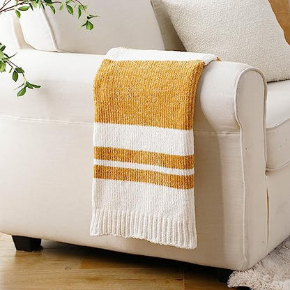 BATTILO HOME Mustard Yellow Throw Blanket for Couch, Soft Chenille Throw Blanket Knit Throw Blankets for Bed, Sofa,Chair, Farmhouse Throw Blankets, Fall Throw Blanket,51"x67" - color: Yellow and White Striped