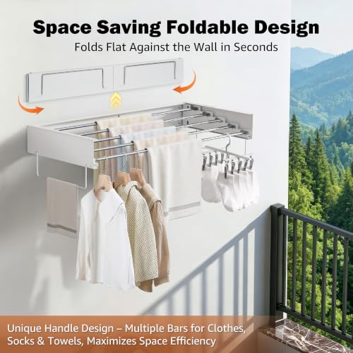 Wall Mounted Drying Rack 32" – Foldable Clothes Drying Rack Wall Mounted, 65 LBS Laundry Rack Wall Mounted, Retractable Clothes Rack for Laundry Room, Indoor & Outdoor Space Saver, 5 Rods, White - color: White