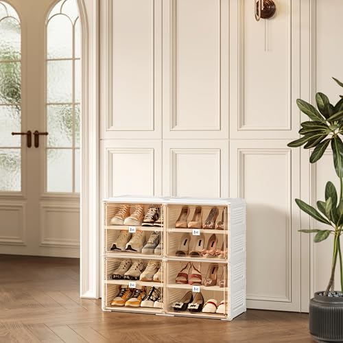 ANTBOX Portable Shoe Rack Organizer for Closet Entryway, Stackable Sneaker Storage Shoe Cabinet with Magnetic Clear Door, Large Plastic Storage containers Bins with Lids 4 Tiers 16 Pairs - size: 4 Tiers 16 Pairs