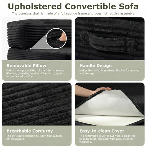 5-in-1 Convertible Sofa Bed, Boneless Couch Loveseat with Removable Cushions & Washable Cover, Futon Sofa Bed with Handle, Pull Out Couch for Small Spaces, Full Size, Black - color: Black, size: Full Size-80''L*54''W