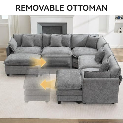 113'' V Shaped Cloud Sectional Sofa, Oversized Deep Seat Couches for Living Room, Chenille Comfy Upholstered Modular Sectional Sofa Couch with 2 Movable Ottoman, Grey - color: Grey, size: 113'' V Shaped+2 Ottoman