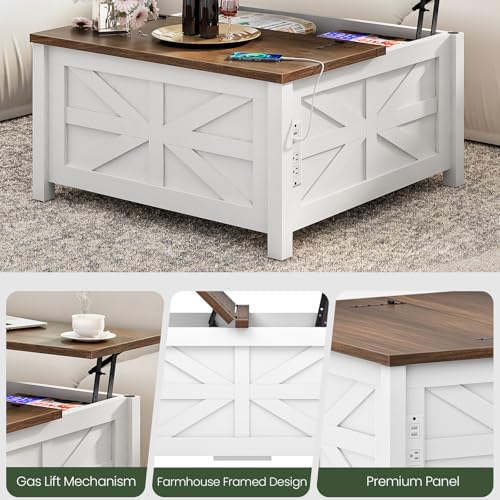 31.5" Lift Top Coffee Table, Farmhouse Coffee Table with Charging Station and Storage, 2 AC Outlets and 2 USB Ports, White and Walnut MKF02UWAN1