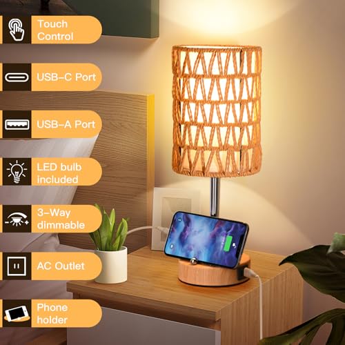 Rattan Table Lamps for Living Room, 3 Way Dimmable Touch Lamps, Small Bedside Lamps with LED Bulbs, Phone Stand, USB Ports and AC Outlet, Boho Nightstand Lamp for Bedroom Office (2 Pack Faux Wood) - size: 2 Pack Faux Wood