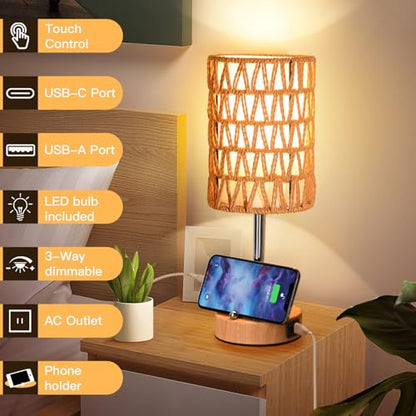 Rattan Table Lamps for Living Room, 3 Way Dimmable Touch Lamps, Small Bedside Lamps with LED Bulbs, Phone Stand, USB Ports and AC Outlet, Boho Nightstand Lamp for Bedroom Office (1 Pack Faux Wood) - size: 1 Pack Faux Wood
