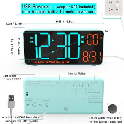 Alarm Clock for Bedroom, 6.7in Small Digital Clock, Auto Dimming, Room Temperature, Day of The Week, Date, Alarm Clocks for Living Room, Desk Clocks - color: Blue (Blue + Orange Digits)
