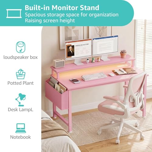 Lufeiya Small Girls Desk with Power Outlets and LED Lights, 32 Inch Gaming Desk Table with Charging Station, Home Office Computer Desks with Monitor, Pink - color: Pink, size: 31.5"
