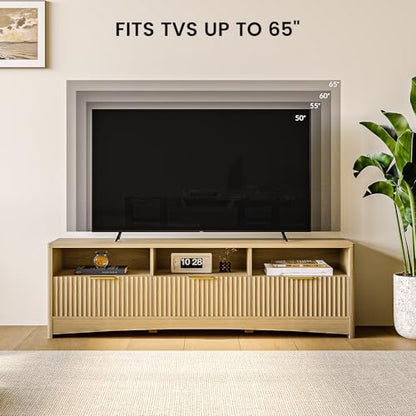 Amada 59" Wide Fluted Storage TV Stand for TVs up to 65", Natural | Elegant fluted wood panels, 3 drawers, 3 open shelves, cable holes, smooth metal slides, wide metal handles, rounded edges