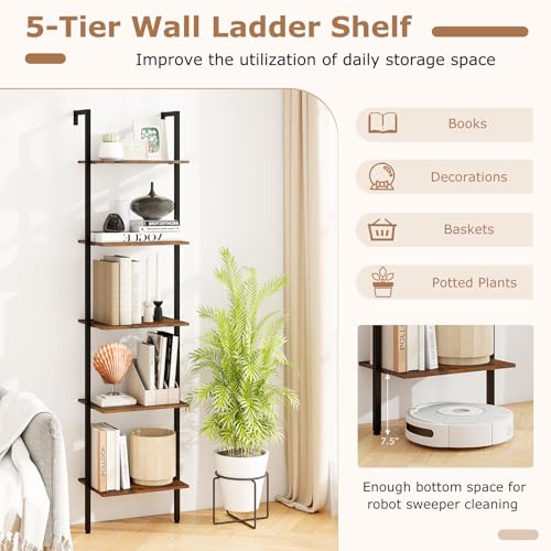 Tangkula 5-Tier Ladder Shelf, 70 Inch Wall-Mounted Open Bookshelf with Anti-Tipping Kits, Metal Frame, Industrial Display Rack Storage Vertical Bookcase for Living Room Home Office (2, Rustic Brown)