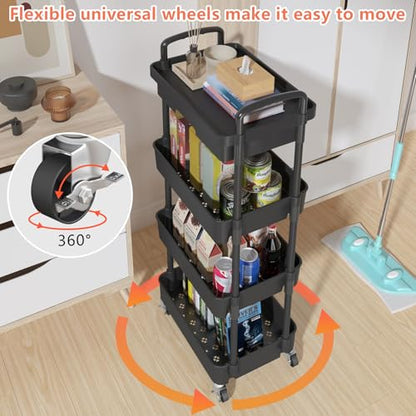 Calmootey 4-Tier Rolling Utility Cart with Drawer,Multifunctional Storage Organizer with Plastic Shelf & Metal Wheel,Storage Cart for Kitchen,Bathroom,Living Room,Office,Black | Space-Saving Organizer, Sturdy Plastic Shelves, Smooth-Rolling Metal Wheels,
