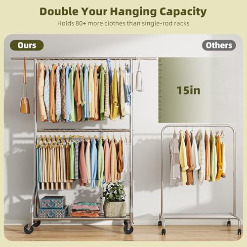 Simple Trending Heavy Duty Clothes Rack, Extendable Clothing Rack, Chrome | Double Rod Garment Rack, Freestanding Portable Closet, with Wheels & Shelf, Adjustable Middle Rod, for Bedroom, Laundry - size: 17"D x 61.25"W x 74.25"H