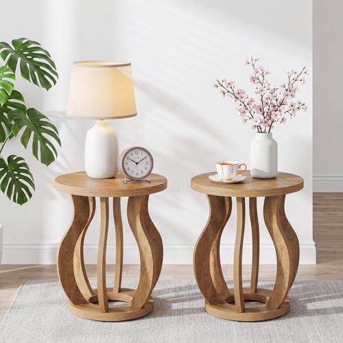 Tribesigns Round End Side Table Set of 2: Farmhouse Wooden Side Table for Living Room, Bedside Nightstand with Curved Frame, Accent Nightstand for Bedroom, Small Spaces, Brown(2PC) - color: Brown