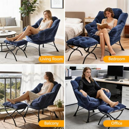 Lazy Chair with Ottoman, Modern Skinny Lounge Chair with Footrest | Foldable Footrest, Padded Seat & Backrest, Side Pocket Comfy Accent Reading Chair for Living Room & Small Spaces, Navy Blue - color: Navy Blue