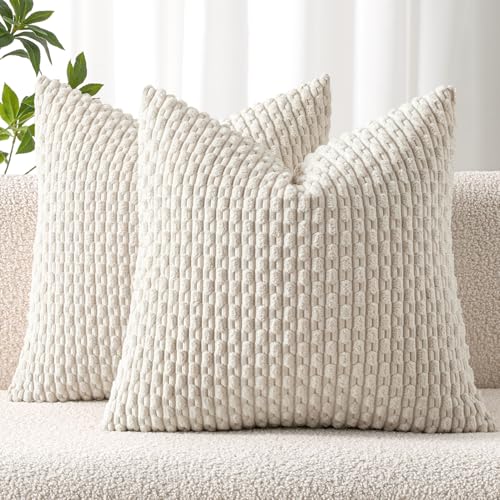 MIULEE Decorative Throw Pillow Covers 18x18 Cream White Textured Corduroy | Pack of 2 Striped Pillow Covers Modern Farmhouse Home Decor for Couch Bed Sofa Living Room - color: Cream White, size: 18" x 18" (Pack of 2)