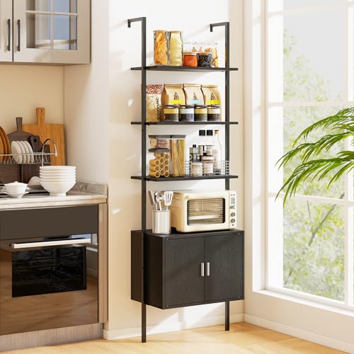 Giantex 72.5" Ladder Bookshelf with Cabinet, 5-Tier Tall Wall-Mounted Shelf w/Storage, Modern Style Kitchen Open Shelving Organizer, Heavy-Duty Metal Frame Display Rack for Living Room,Black - color: Black